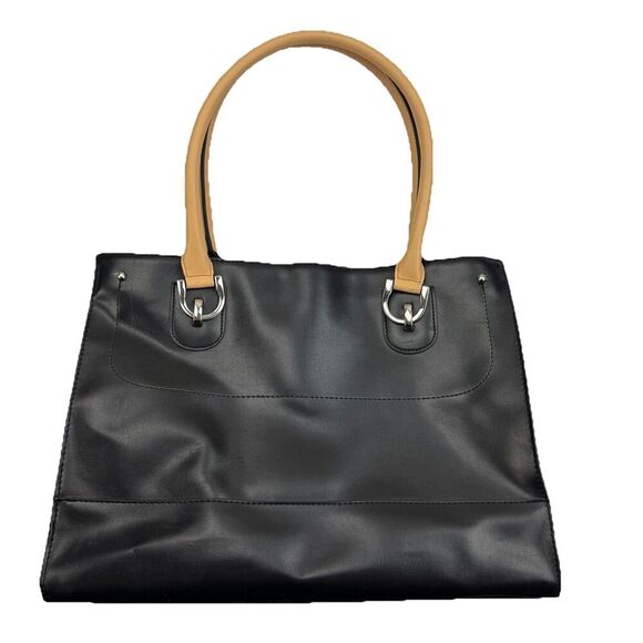 London Fog Black Tote Satchel Shoulder Bag Tan Handles - Picture 1 of 15